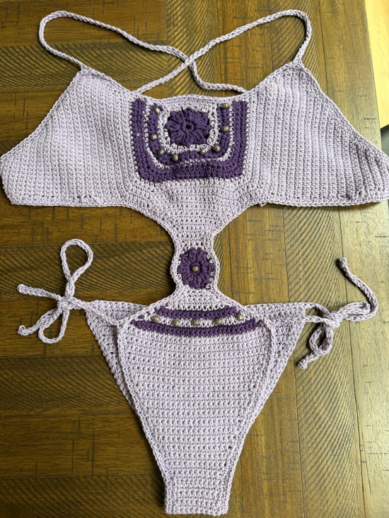 Handmade Crochet One-Piece Swimsuit Bodysuit Lilac Floral Boho FestivalXS/S
